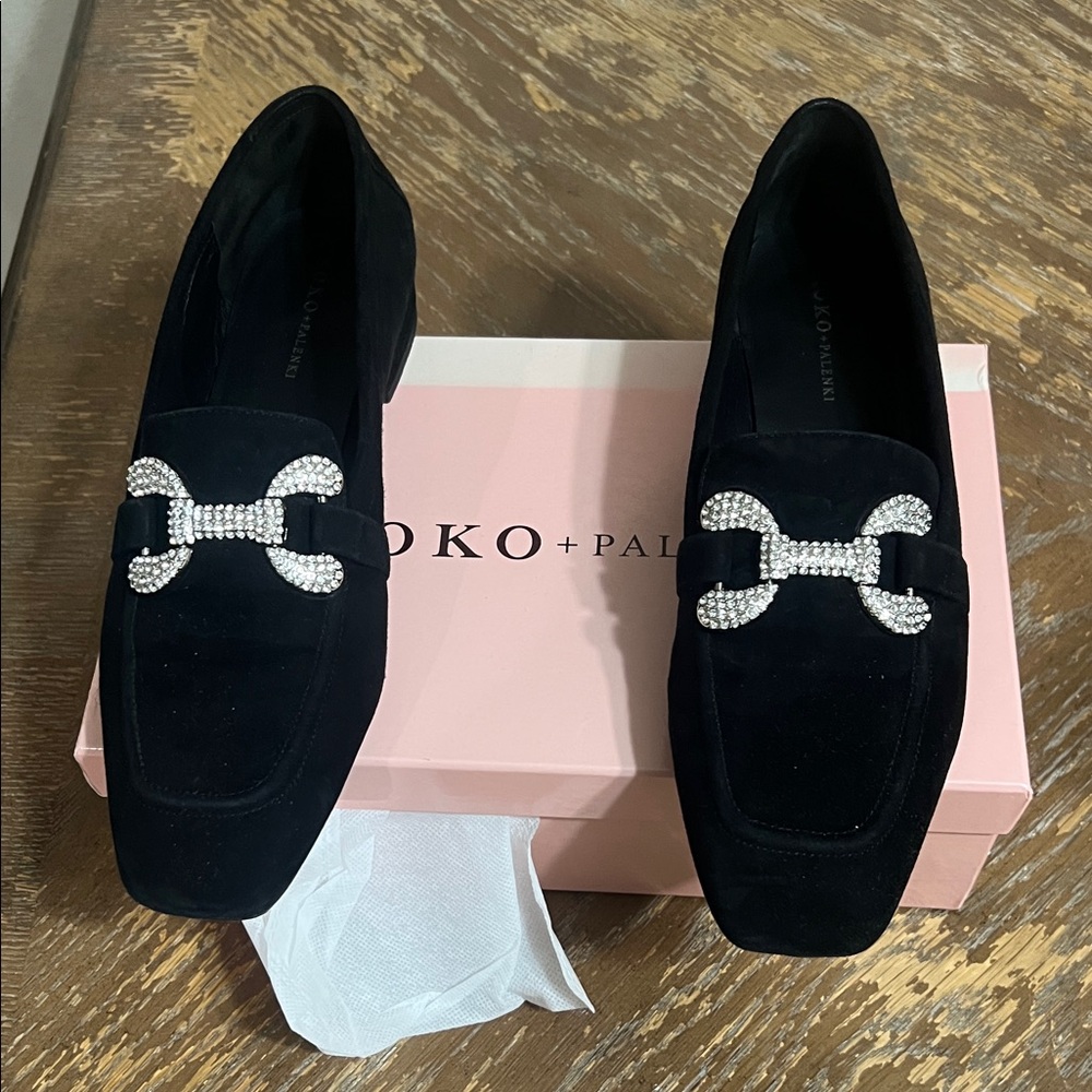 Black Suede Loafers with Crystal Horsebit Detail